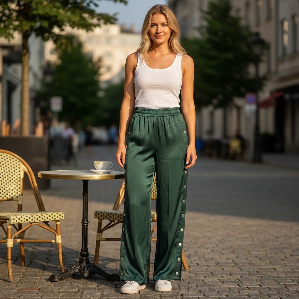 Good American Satin Snap Pants Trousers Side Split Buttons‎ Elastic Waistband 1